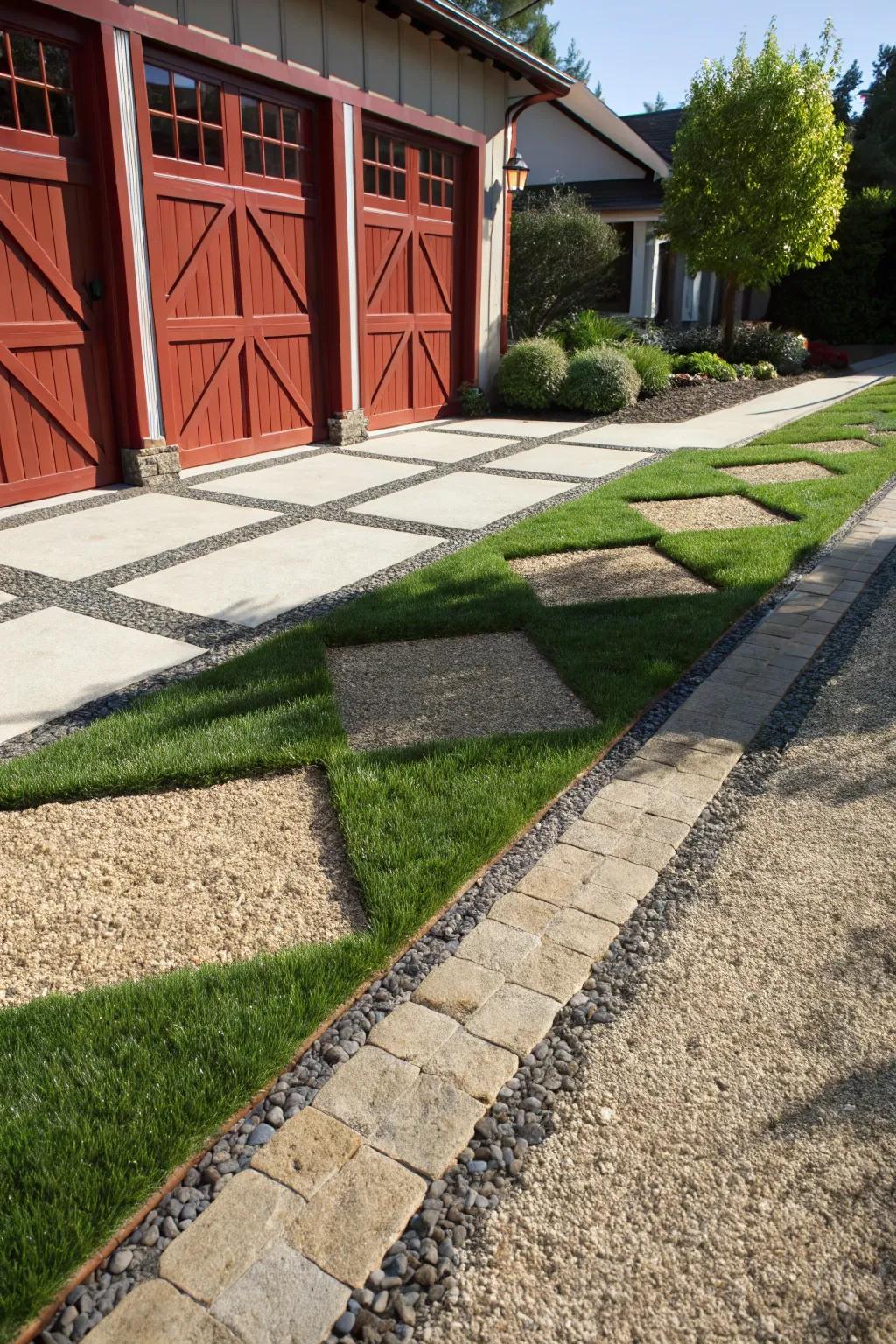 Elevate your driveway with a stunning grass and gravel combination.