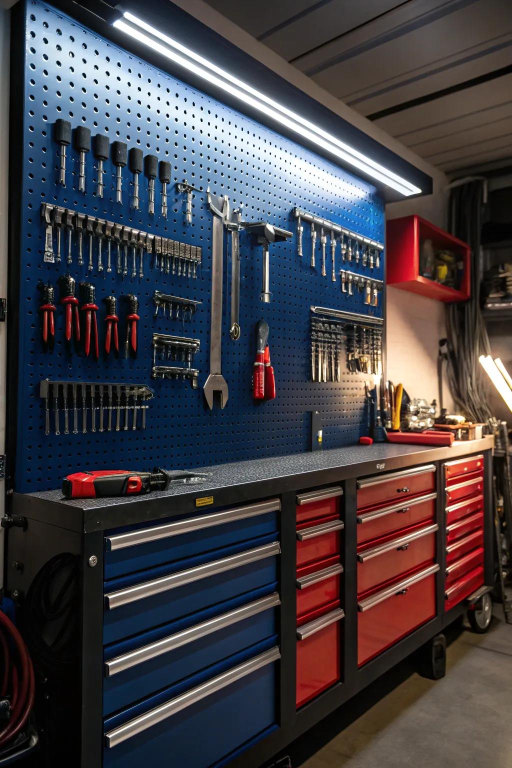 Illuminate your garage with accent lighting that showcases your tools and elevates your workspace.