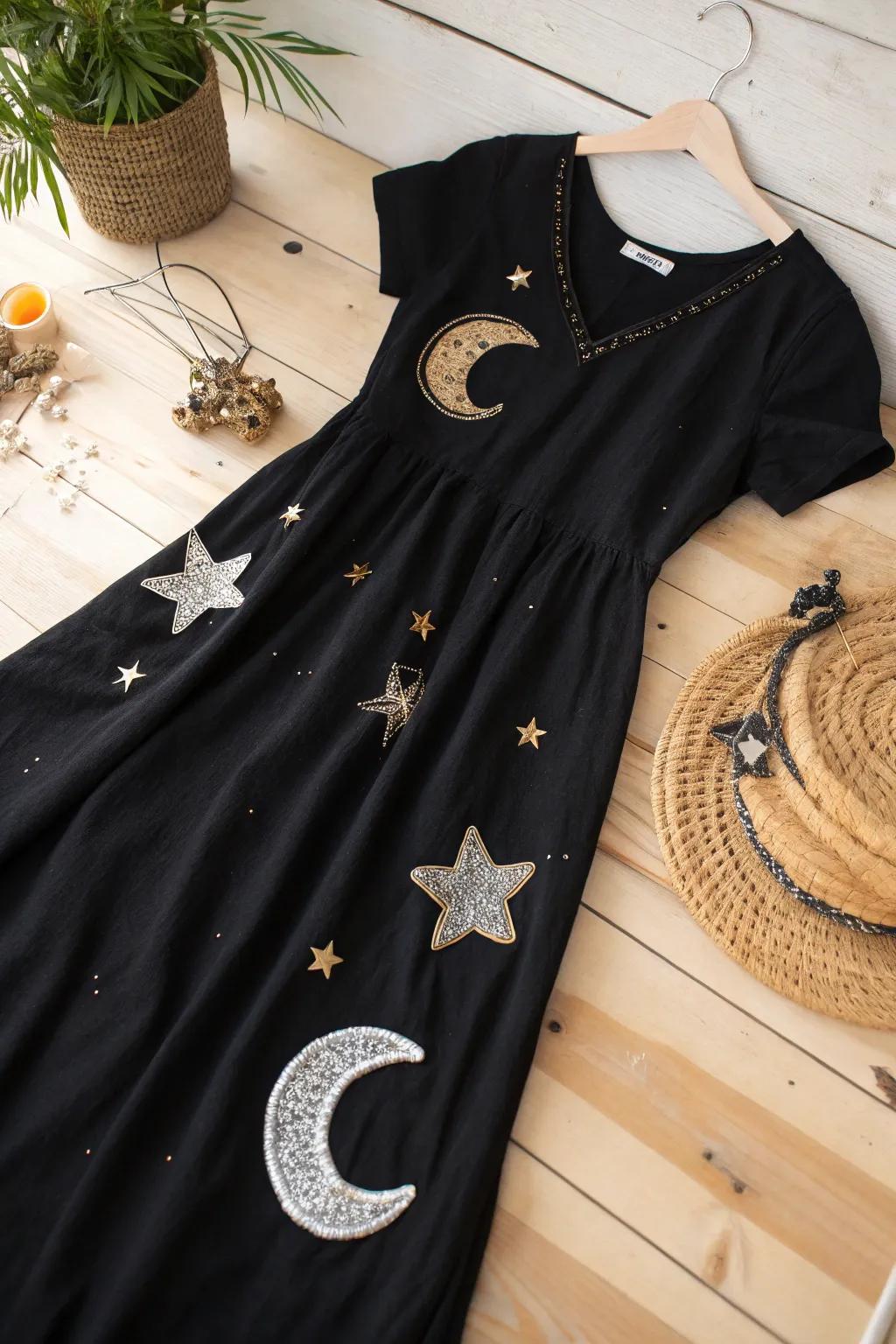 Transform into the night sky with this ethereal celestial costume—simple, stunning, and perfectly crafted for a magical Halloween evening.