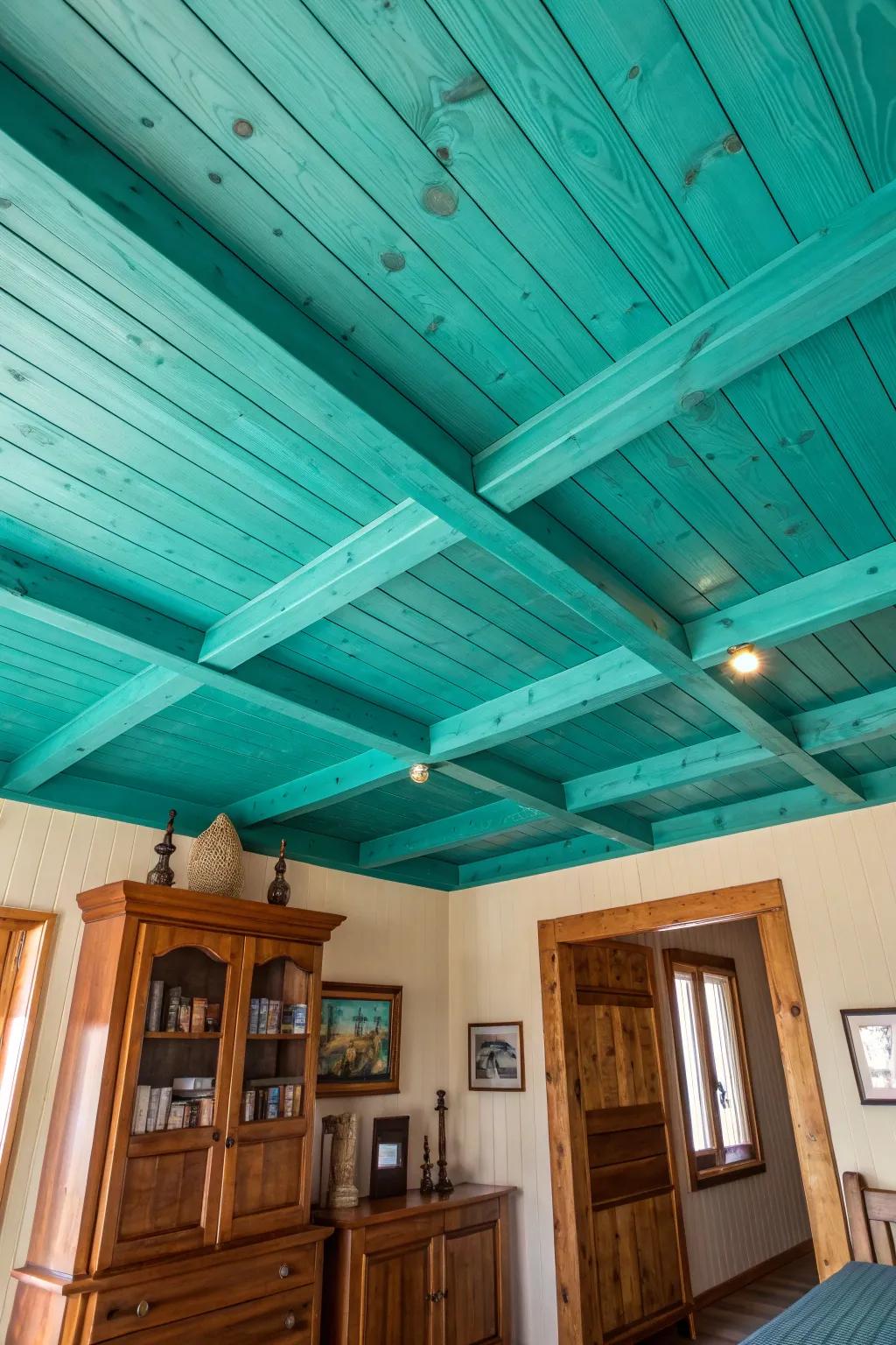Transform your space with a bold teal ceiling—where craftsmanship meets color!