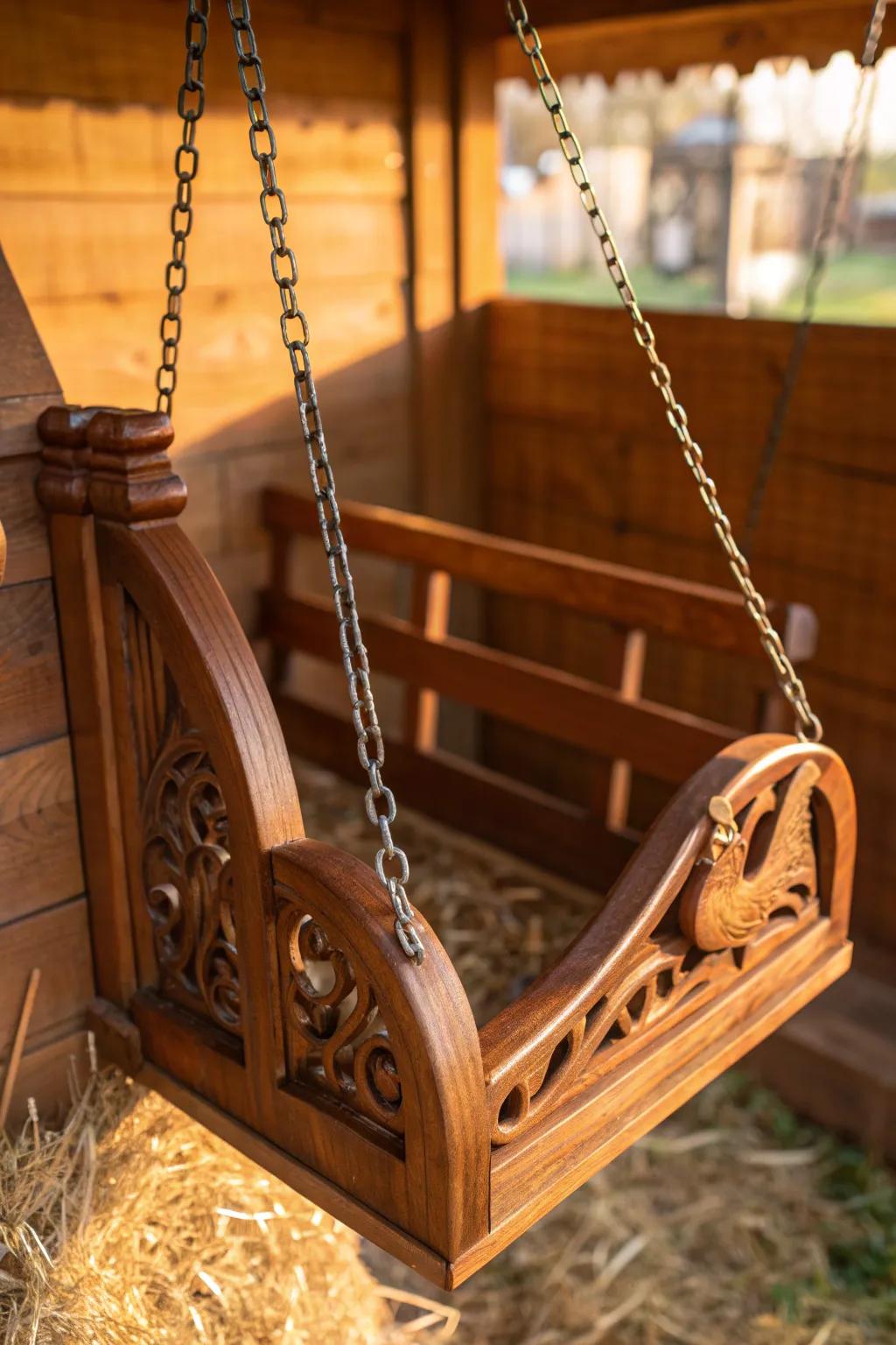 Elevate your coop's style with a handcrafted swinging roost—where craftsmanship meets playful elegance.