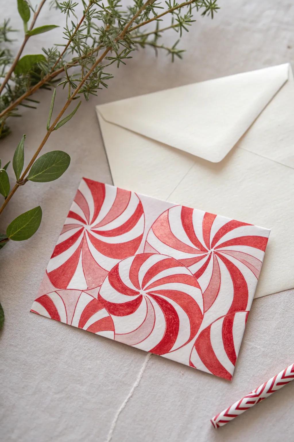 Add a sweet swirl of charm to your holiday mail with peppermint twist envelope art.