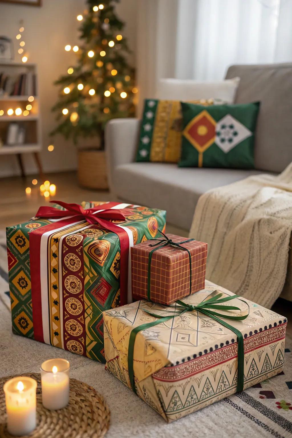 Gifts wrapped with cultural elements celebrating diversity.