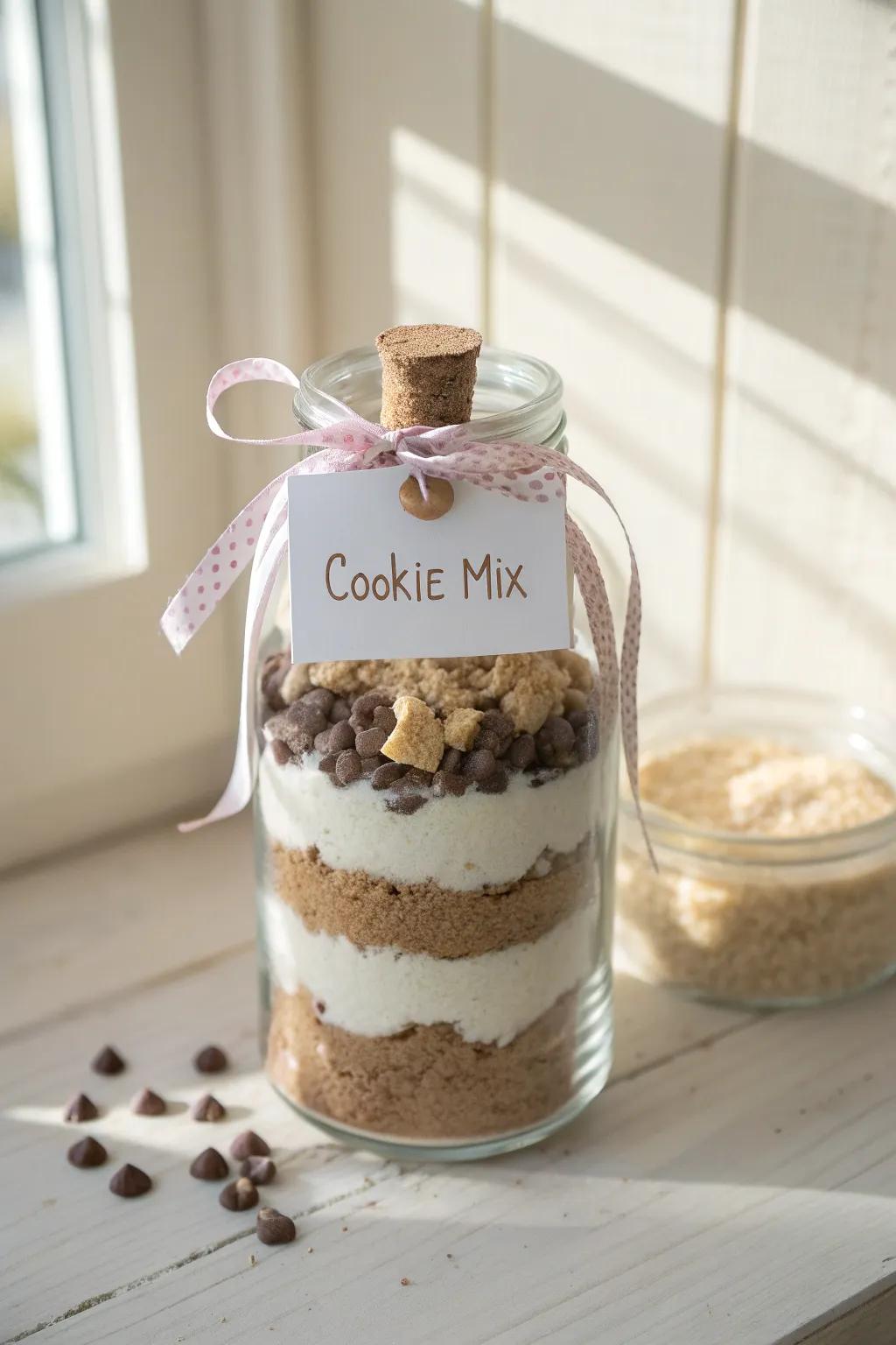 A delightful homemade gift: Layered cookie mix in a jar, perfect for spreading holiday cheer!