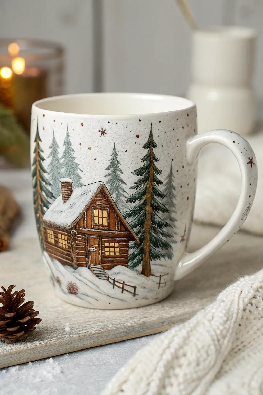 Embrace the warmth of winter with this cozy cabin mug, a perfect blend of minimalist design and natural beauty.