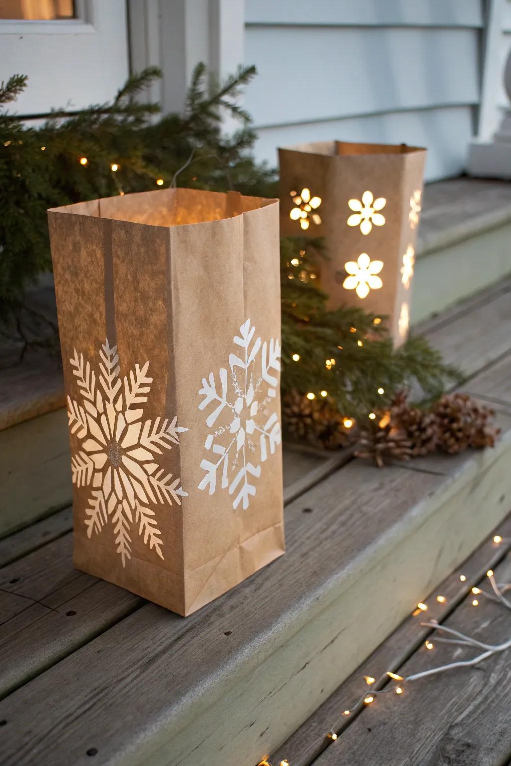 Illuminate your holiday nights with elegant paper bag luminaries, bringing warmth and craftsmanship to your doorstep.