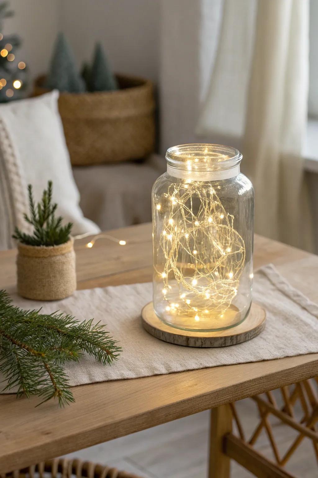 Illuminate the season with a warm glow: a festive tip jar wrapped in holiday lights.