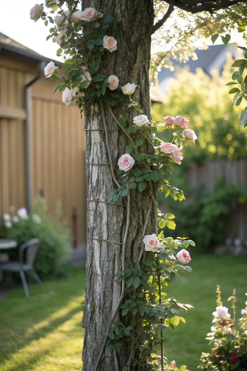 Embrace nature's artistry with a rustic tree trunk blooming with climbing roses.