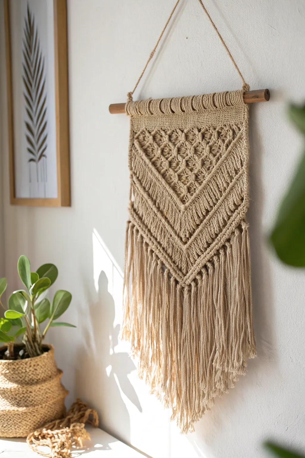 Transform your space with a touch of boho elegance using a handcrafted coffee sack wall hanging.