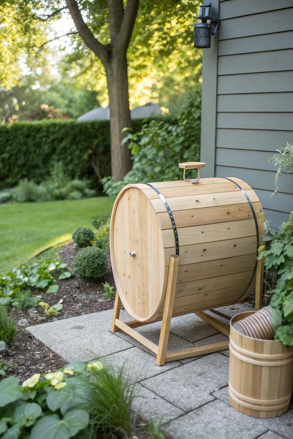 Embrace sustainable living with style—discover the elegance of a wooden rotating drum composter.