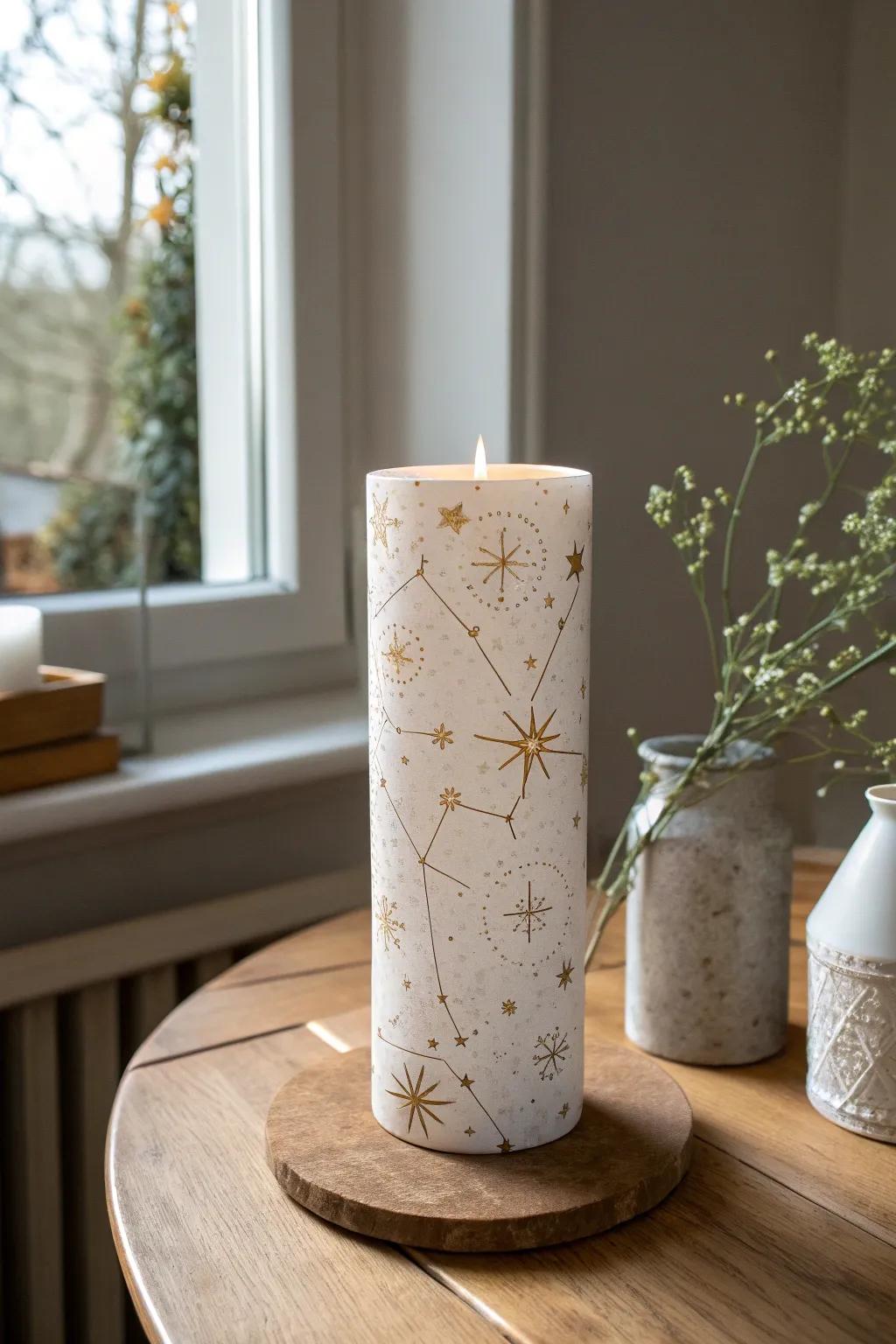 Bring a starry glow to your space with constellation-wrapped candles, perfect for cozy evenings.
