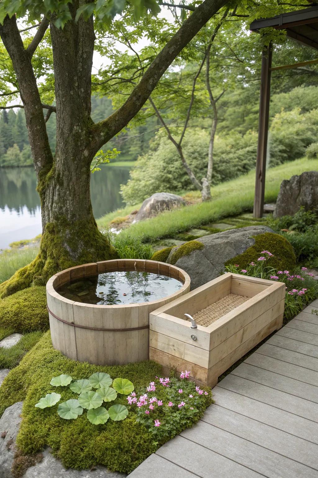 Embrace tranquility with a beautifully crafted container fish pond nestled in nature's embrace. #ScandinavianDesign #BohoChic #GardenTranquility
