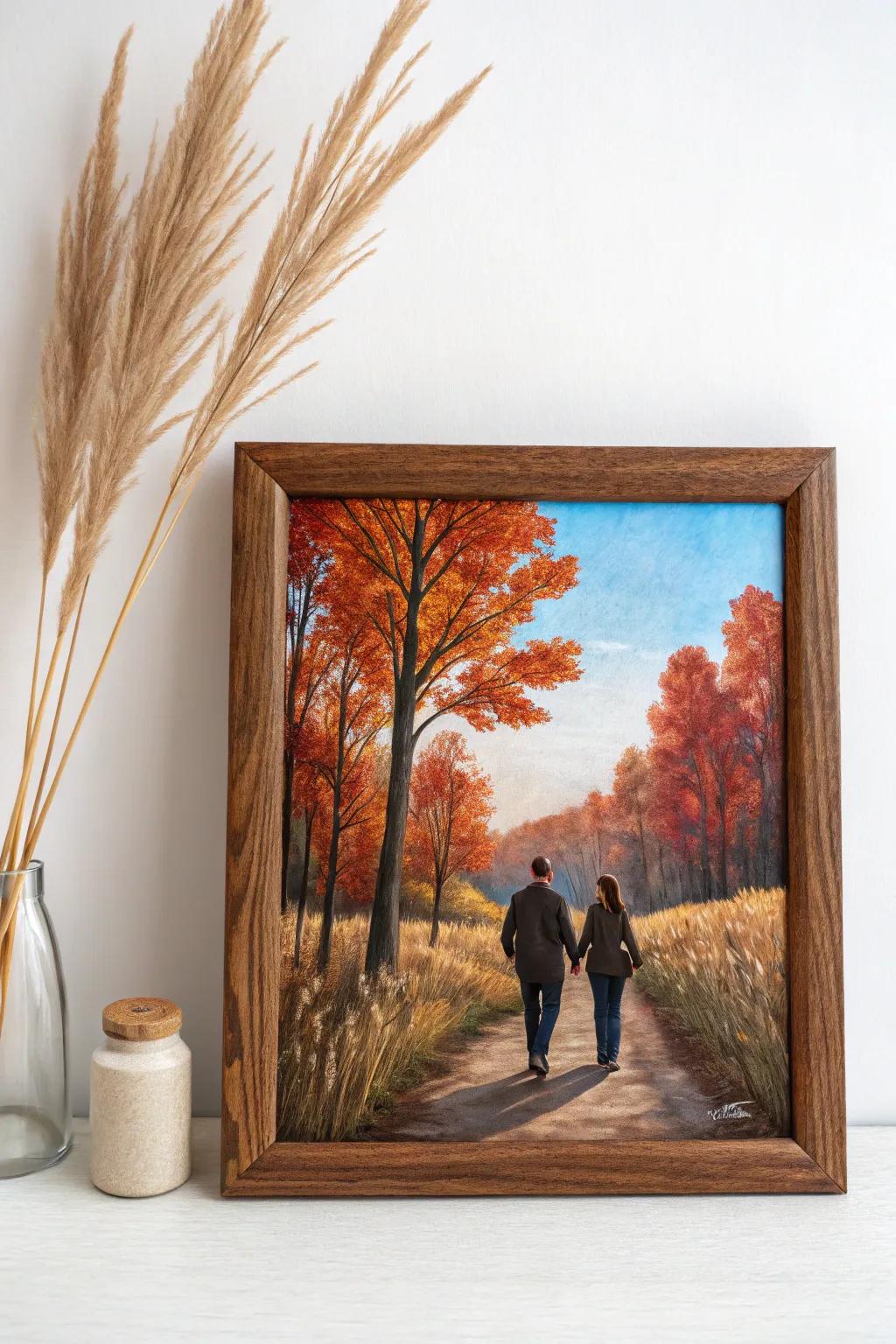 Embrace the warmth of autumn with a minimalist couple-themed landscape that brings cozy vibes and natural beauty into your home.