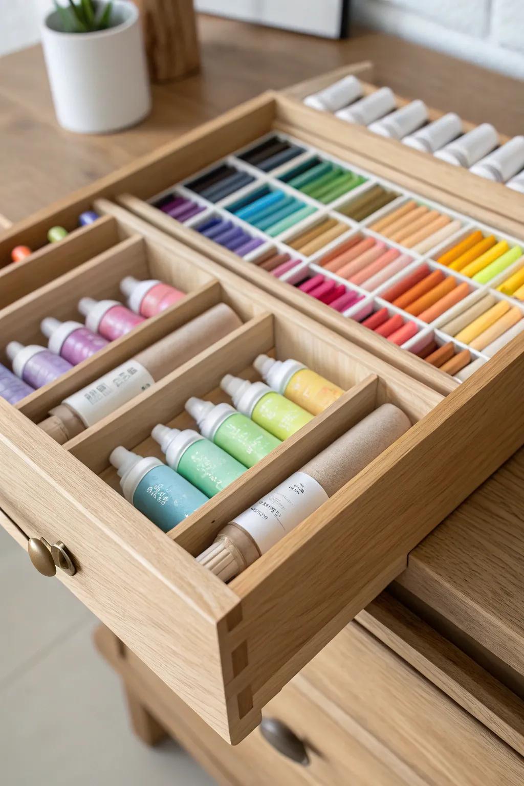 Transform your studio into a serene haven with this elegant drawer divider setup for your paints.
