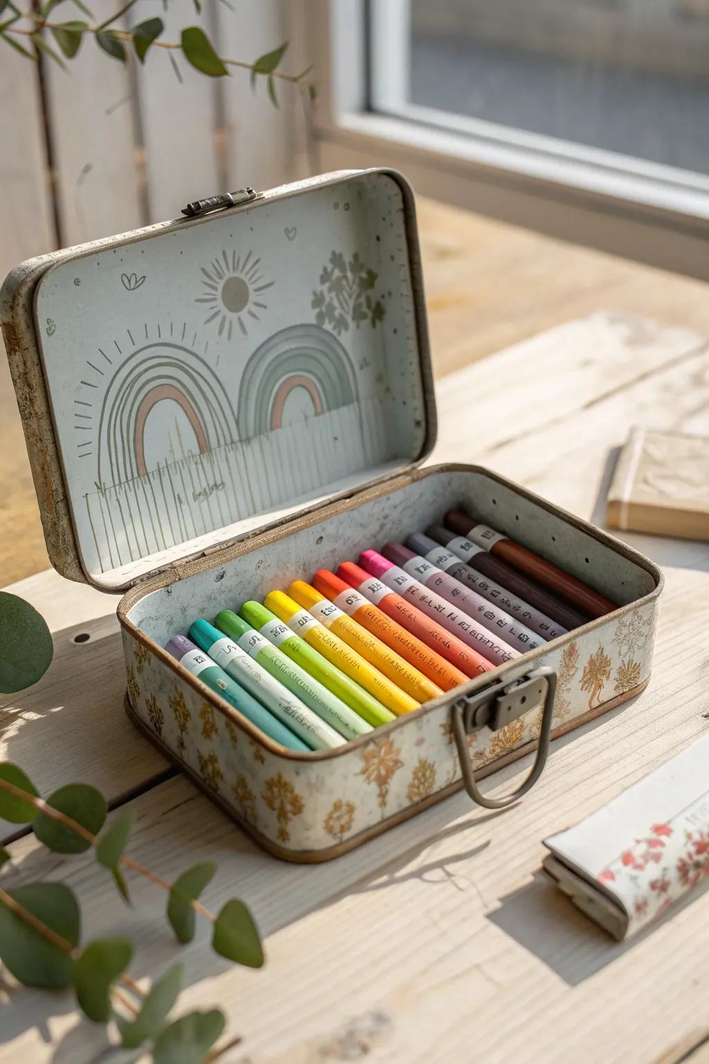 Embrace nostalgia with a touch of creativity—store your crayons in vintage style.