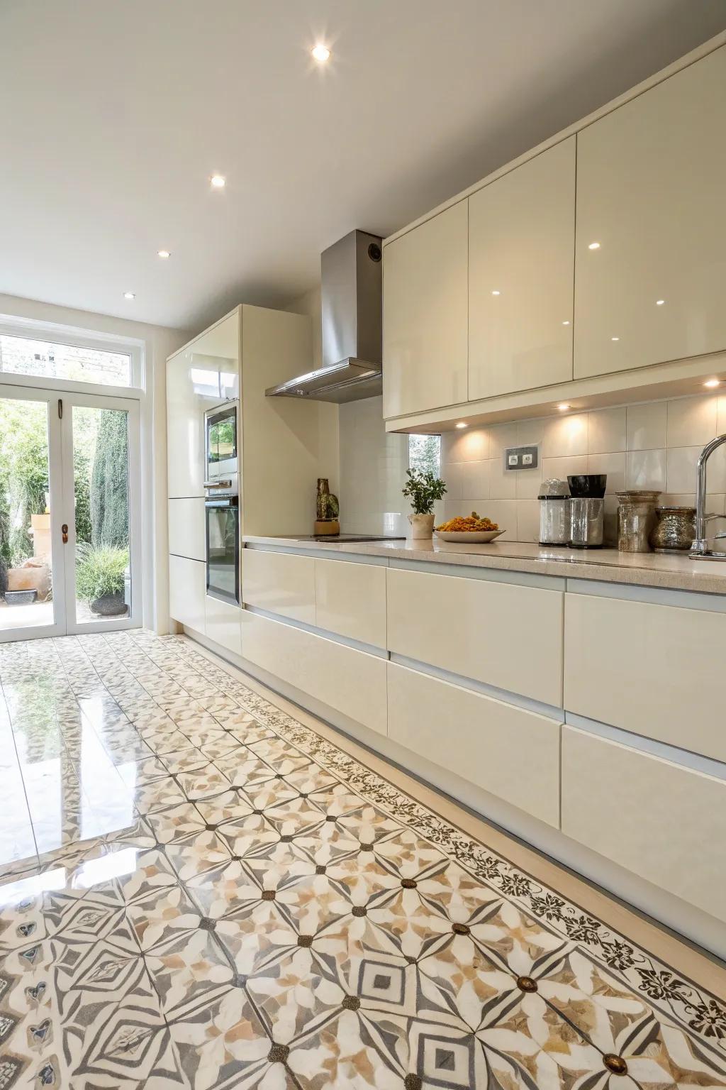 Geometric patterns adding a modern twist to a cream gloss kitchen.