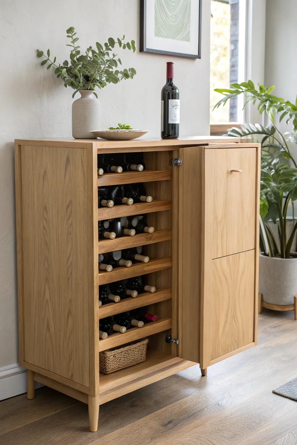 Discover the art of hidden elegance with this minimalist wine storage cabinet.