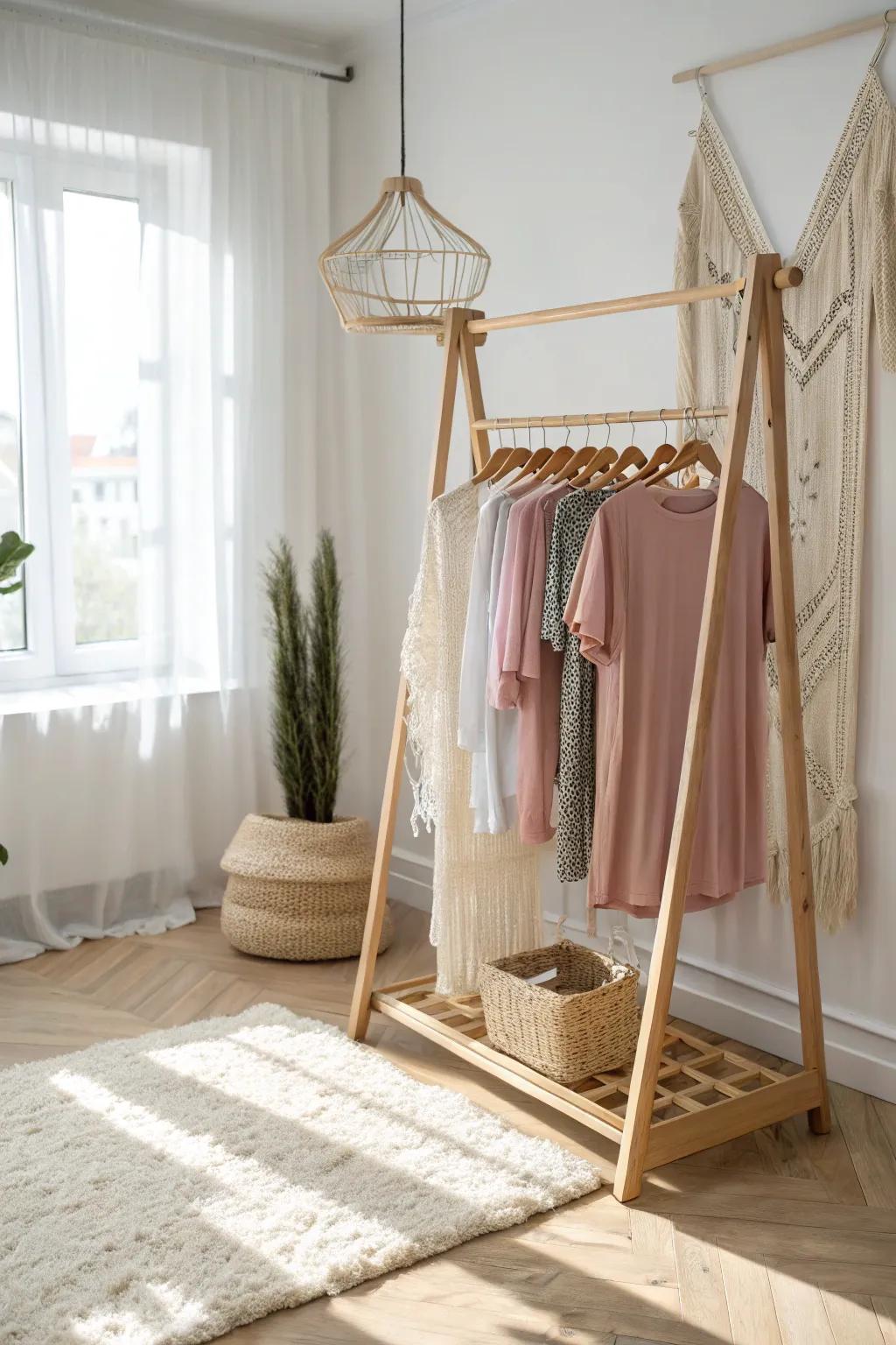 Elevate your t-shirt display with this stylish and flexible rolling rack setup, perfect for showcasing your favorite pieces in any space.
