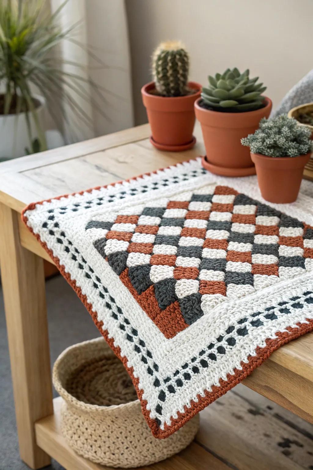 Elevate your blanket with a chic checkerboard crochet border—where playful meets sophisticated.