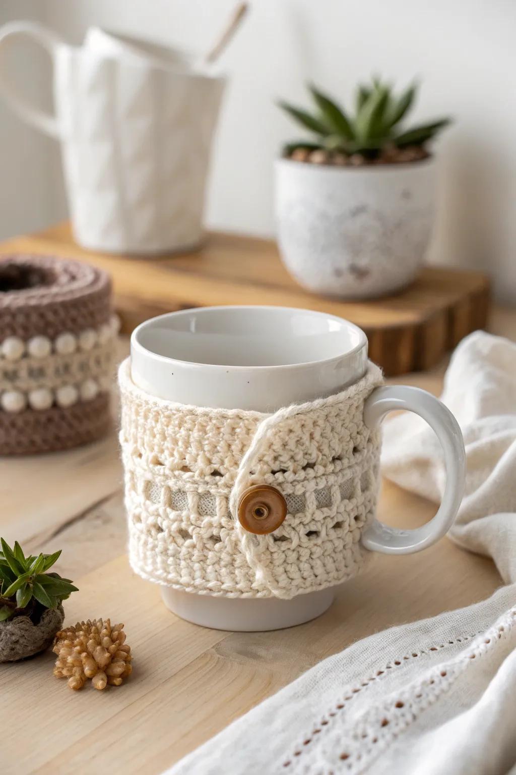 Elevate your coffee moments with a charming crochet mug cozy, blending Scandinavian minimalism with boho flair.