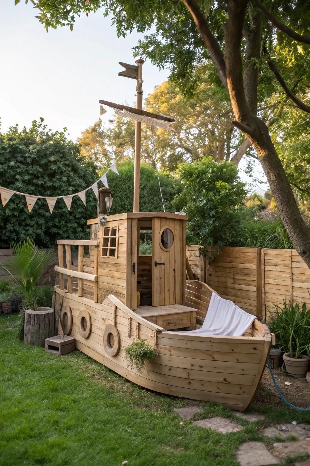 Set sail on a backyard adventure with this charming pallet pirate ship, where imagination meets craftsmanship!