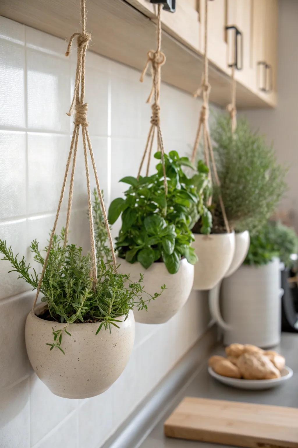 Elevate your kitchen style with a charming hanging herb garden, where simplicity meets natural beauty.