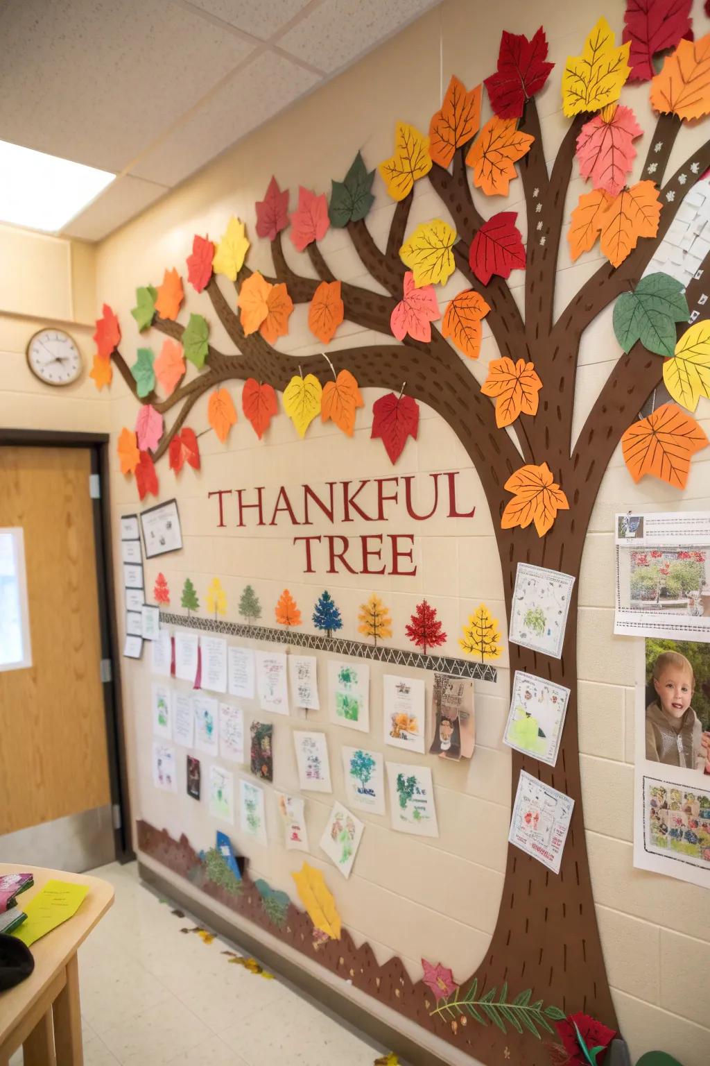 Thankful Tree board with gratitude-filled leaves.