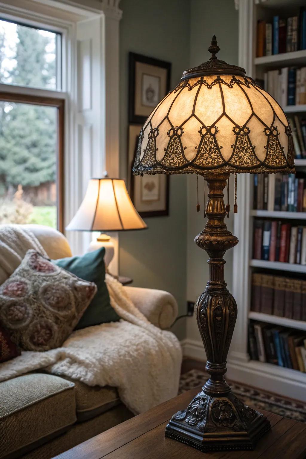 A vintage lamp adds character and history.