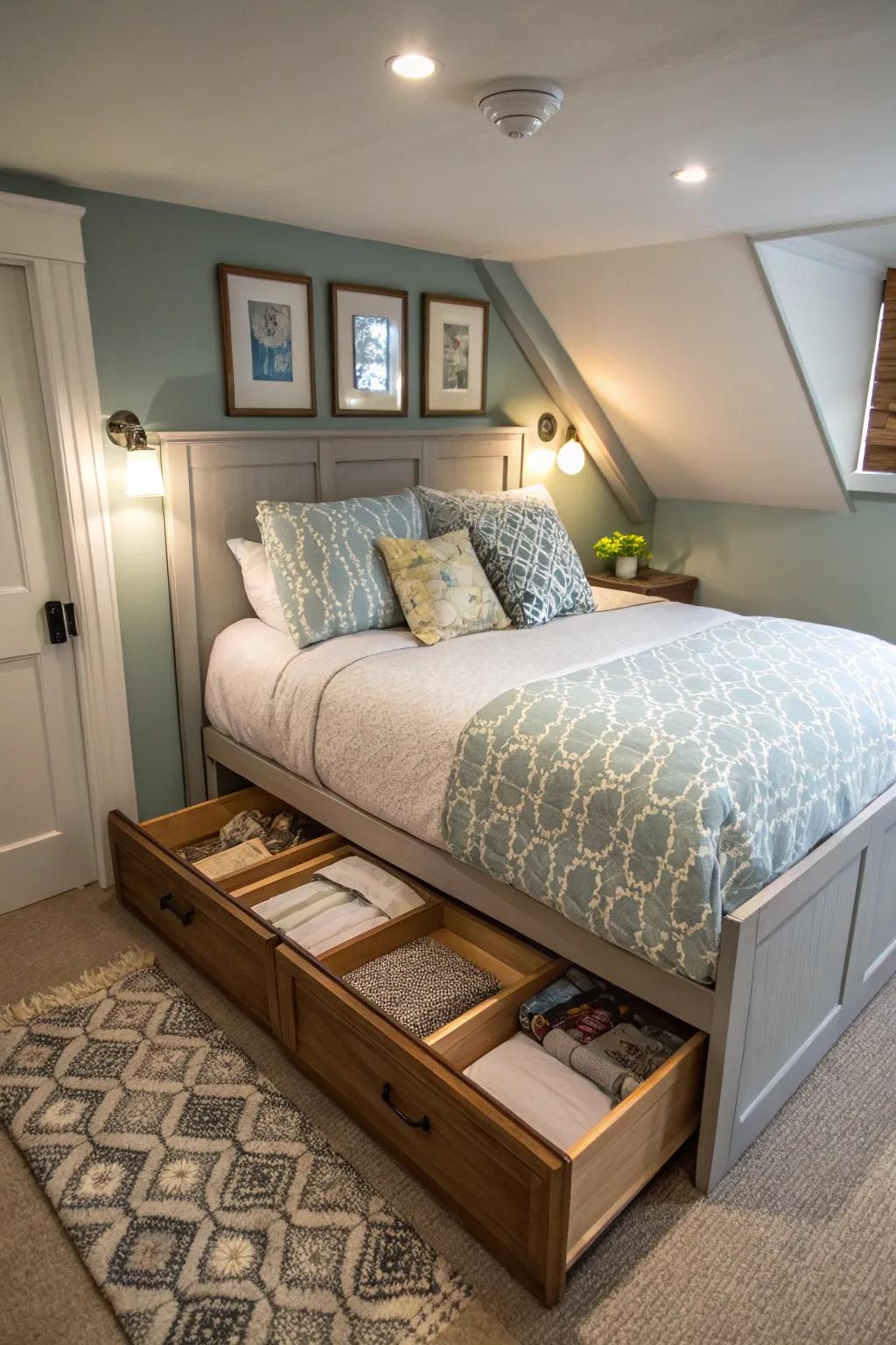 Hidden storage drawers keep a small bedroom tidy.