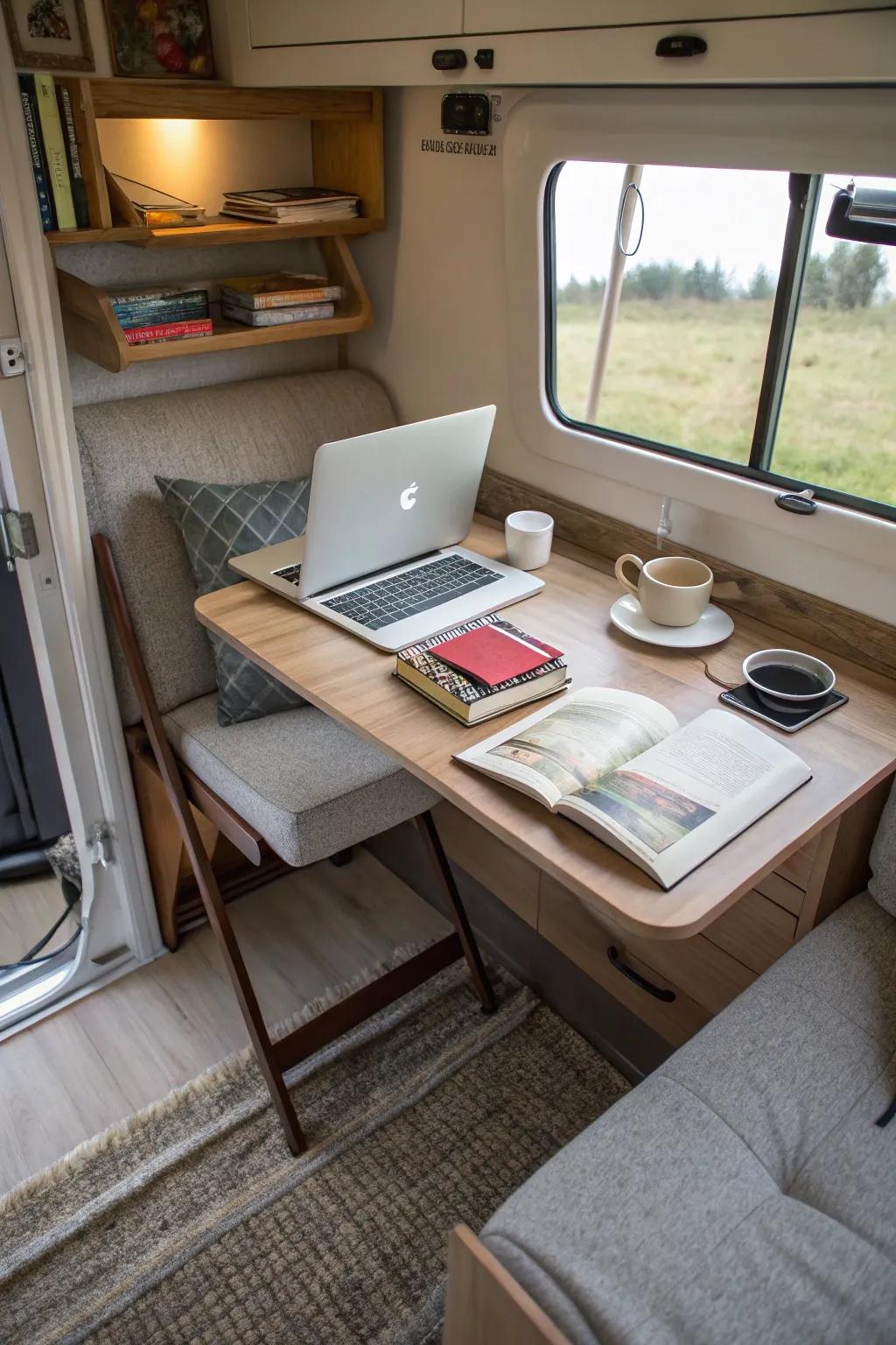 A fold-out desk offers a practical solution for small spaces.
