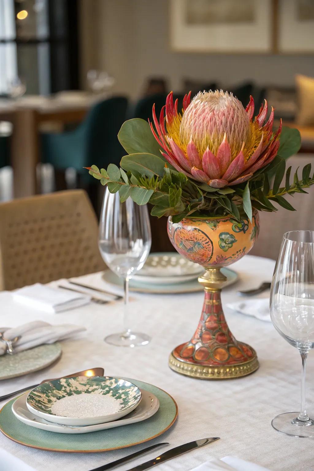 An artistic centerpiece adds a personal and creative touch to the dining table.