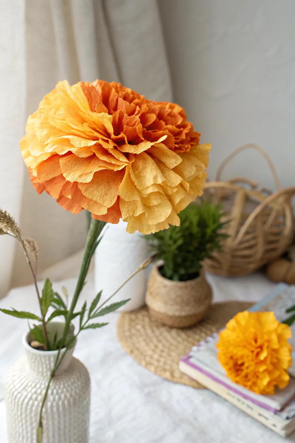 Bring a touch of vibrant elegance to your space with handcrafted tissue paper marigolds.