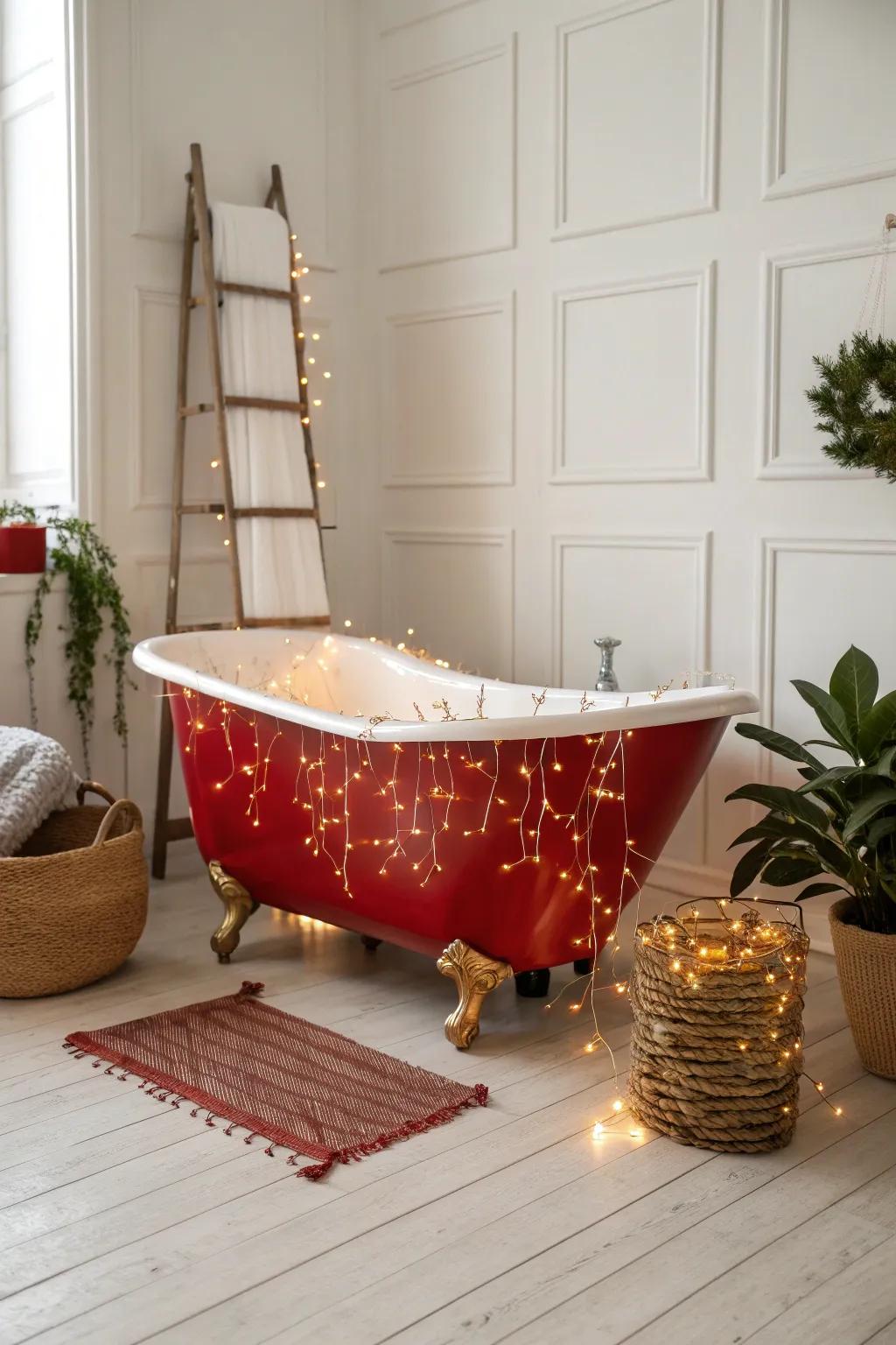 Turn your tub into Santa's Sleigh with a splash of red and twinkling lights. A festive touch for your holiday haven!