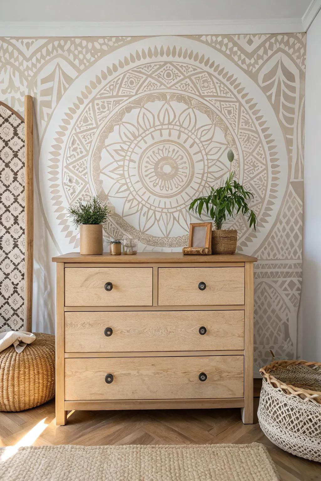 Transform your space with a stunning Moroccan-inspired wall stencil for an unexpected boho touch.