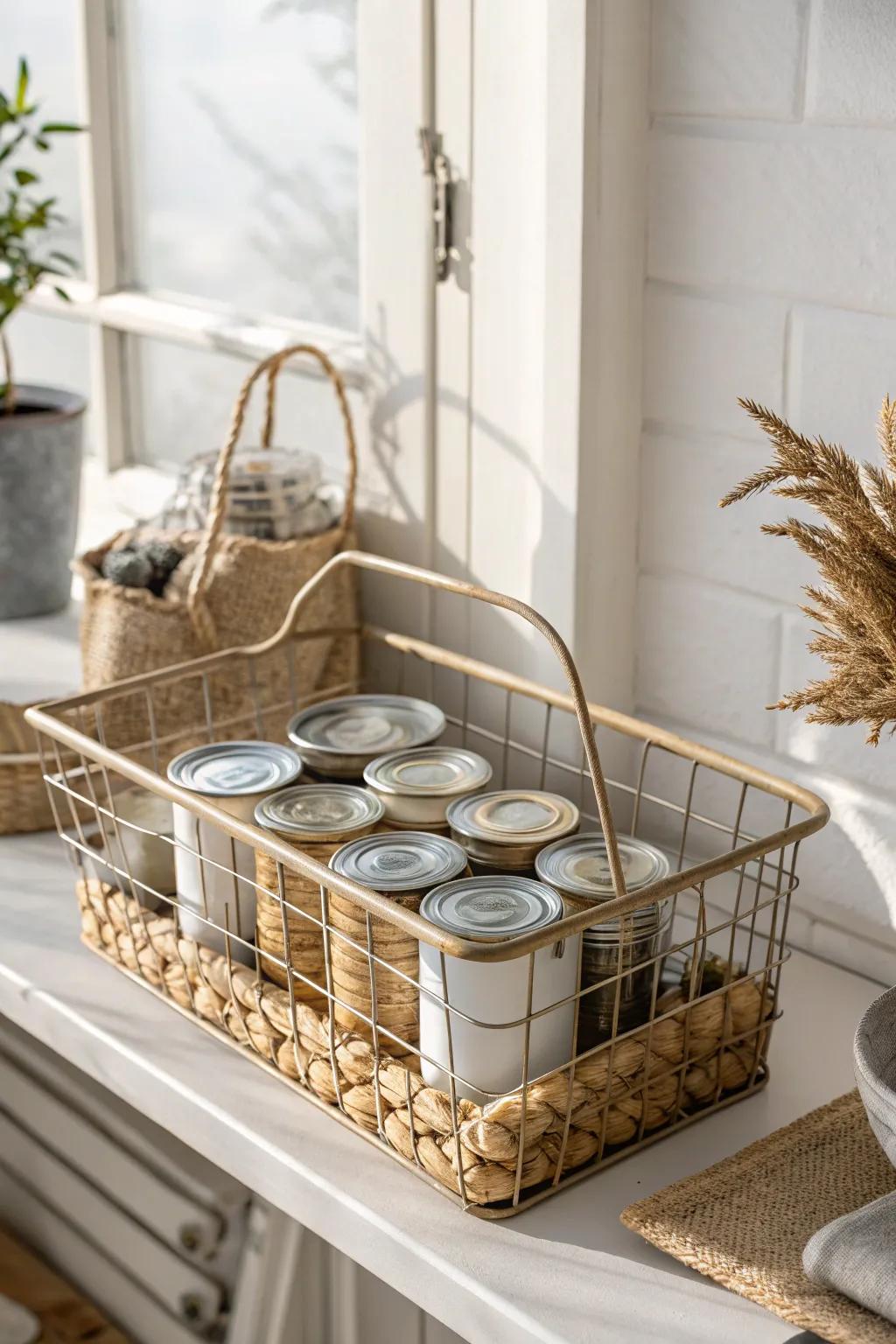 Transform your kitchen with a touch of Scandinavian simplicity and boho charm—organize your cans effortlessly with stylish wire baskets.