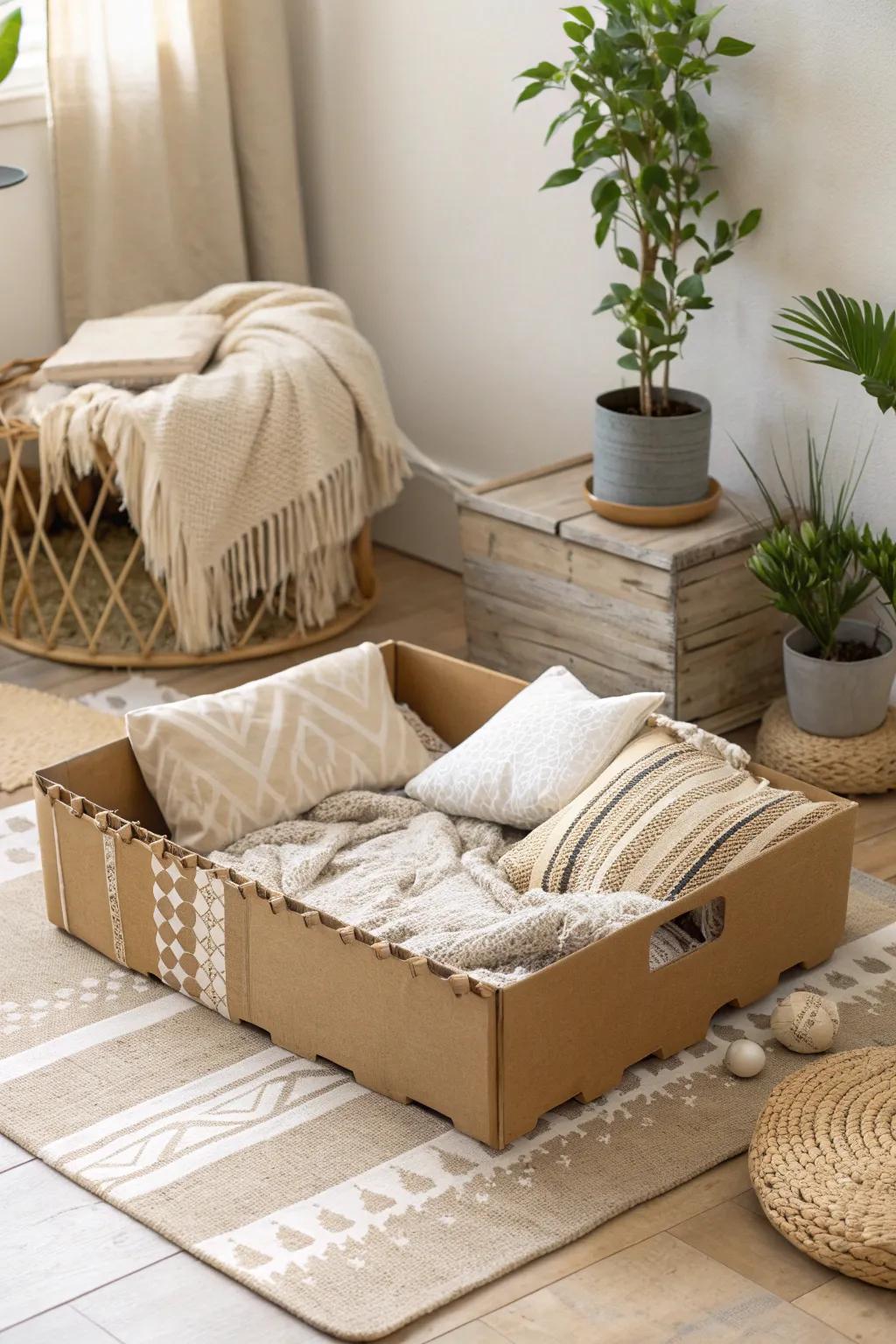 Transform simplicity into comfort with this charming DIY cardboard box dog bed!