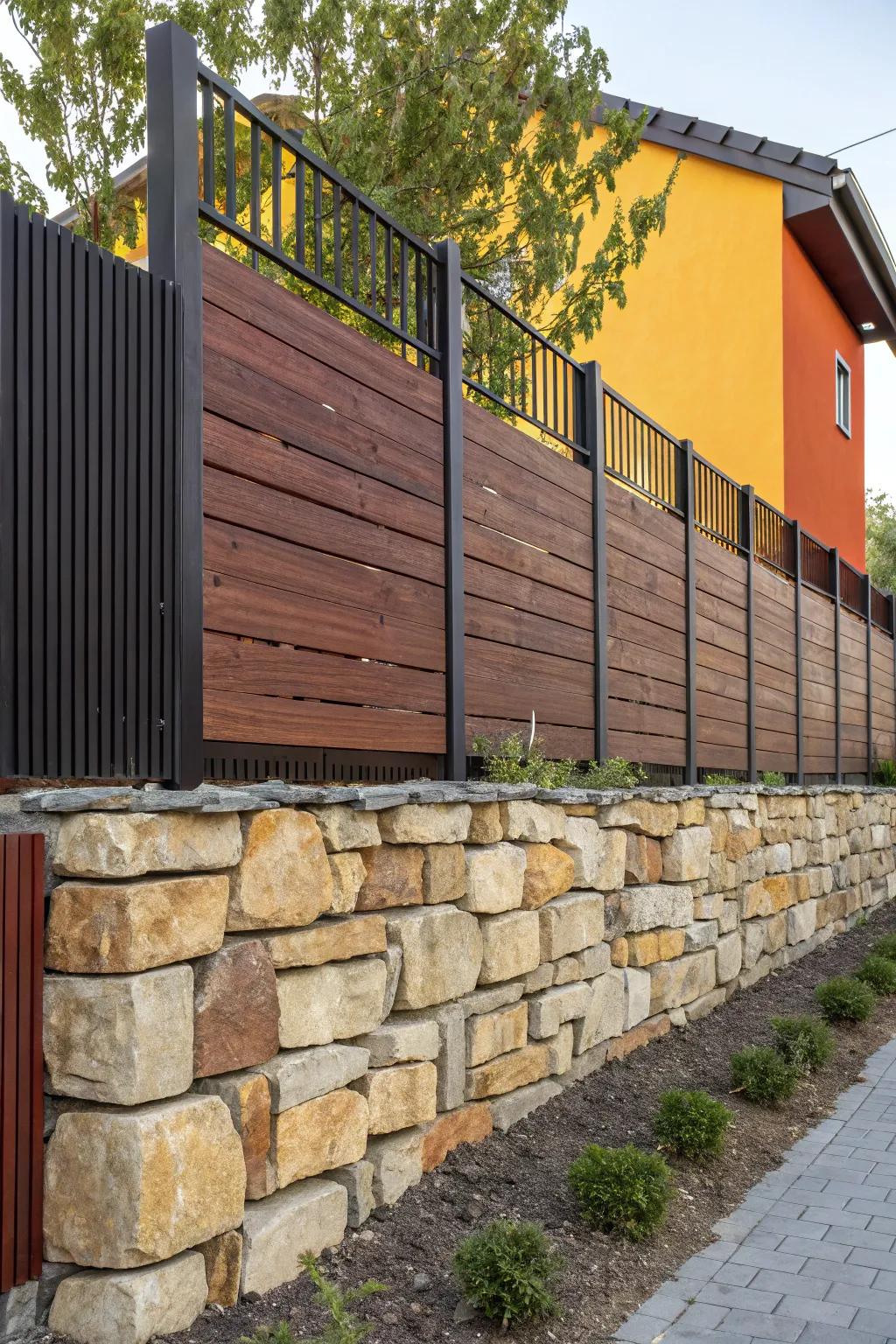 Elevate your outdoor space with a stunning stone and wood fence design that exudes elegance and craftsmanship.