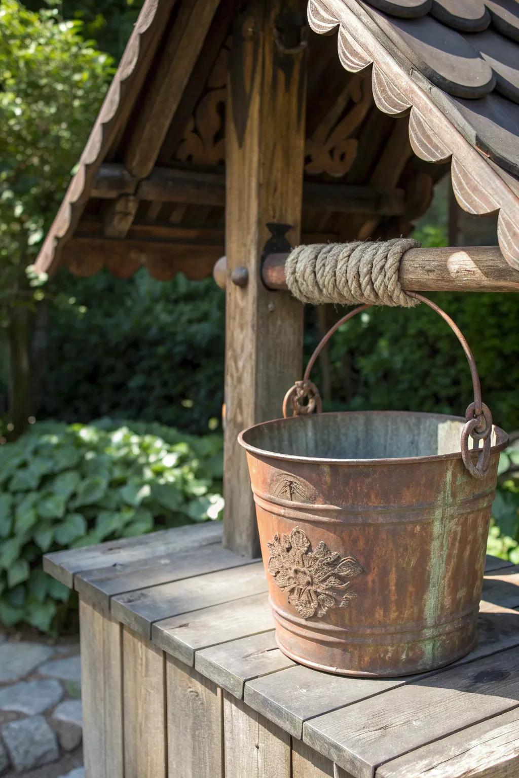 Add a touch of vintage charm to your garden with a rustic wishing well centerpiece.