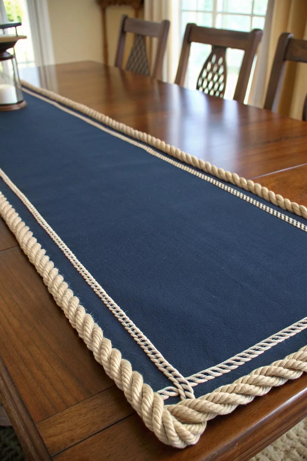 Transform your dining experience with a nautical touch: a rope-edged table runner that emanates coastal charm.