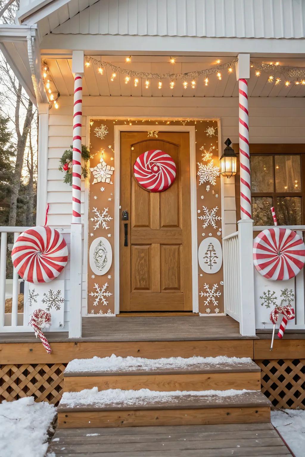 Transform your porch into a whimsical gingerbread house, blending Scandinavian simplicity with festive cheer.