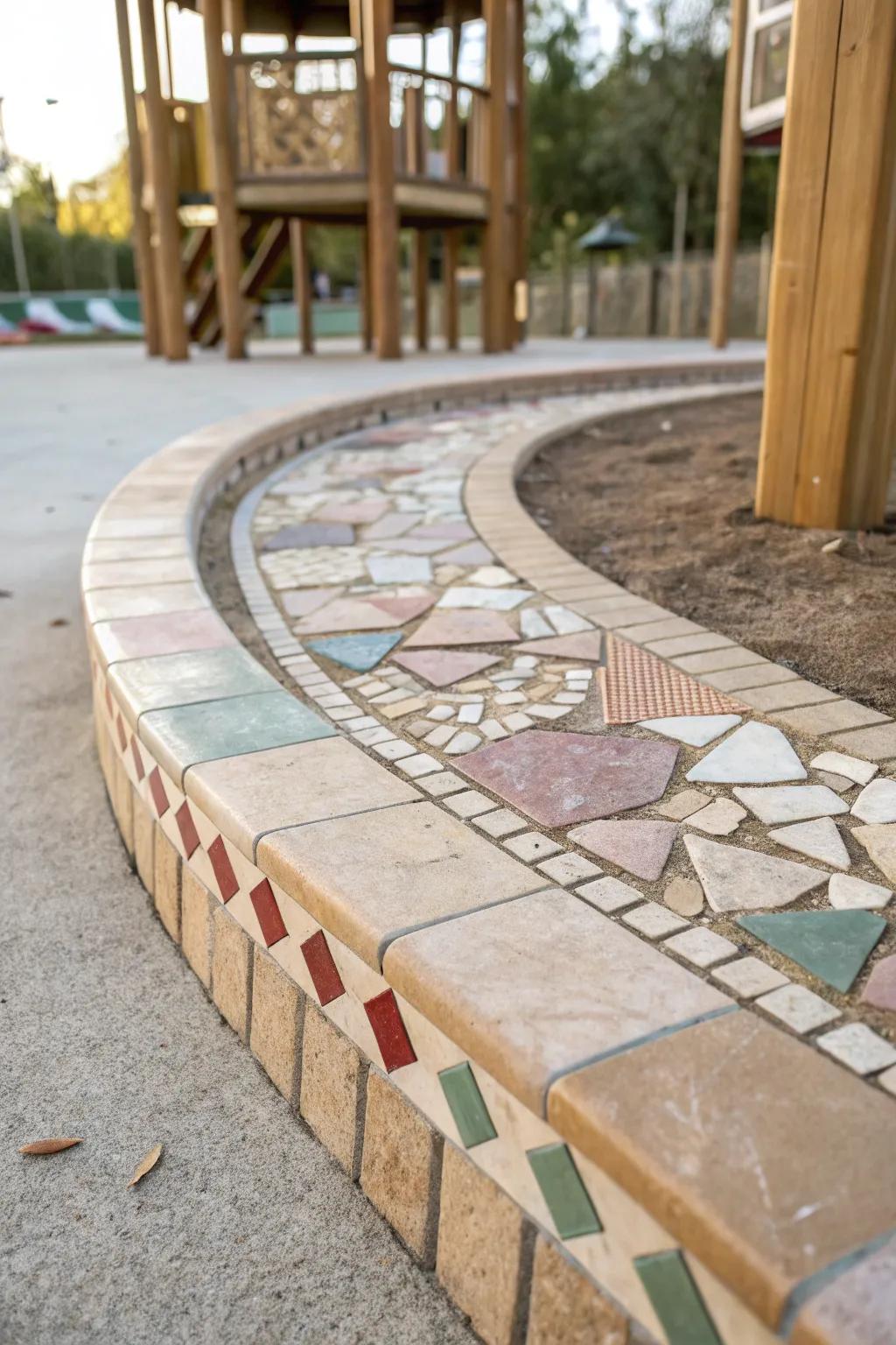 Transform your playground with a touch of artistry and color through stunning mosaic tile borders.