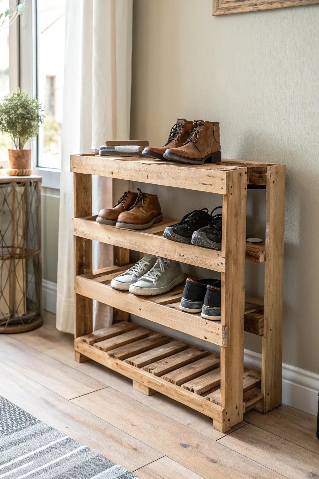 Transform an old pallet into a chic and functional shoe rack that whispers rustic elegance.