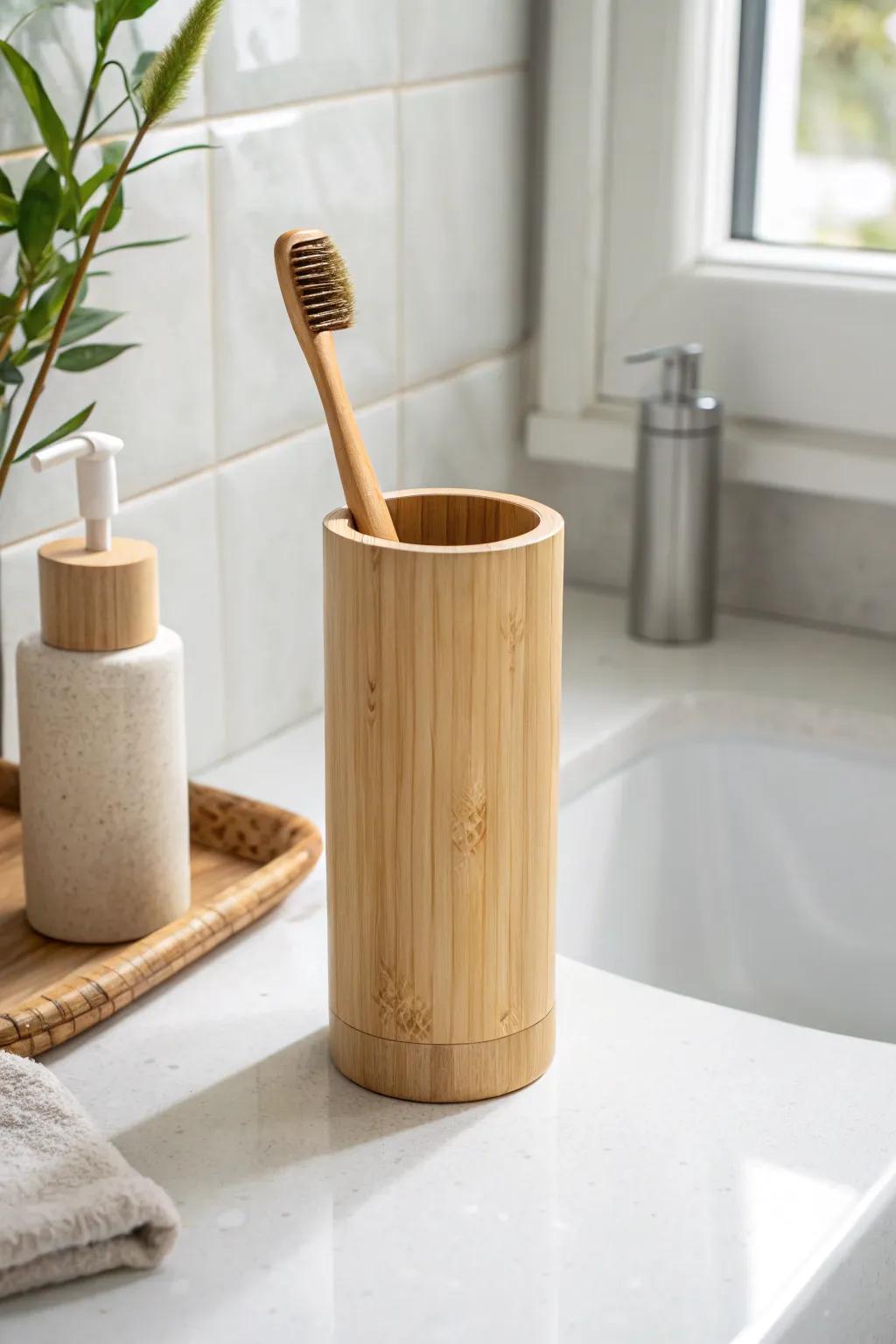 Elevate your bathroom decor with this Zen-inspired bamboo toothbrush holder. 🌿 #DIYBeauty #MinimalistCharm