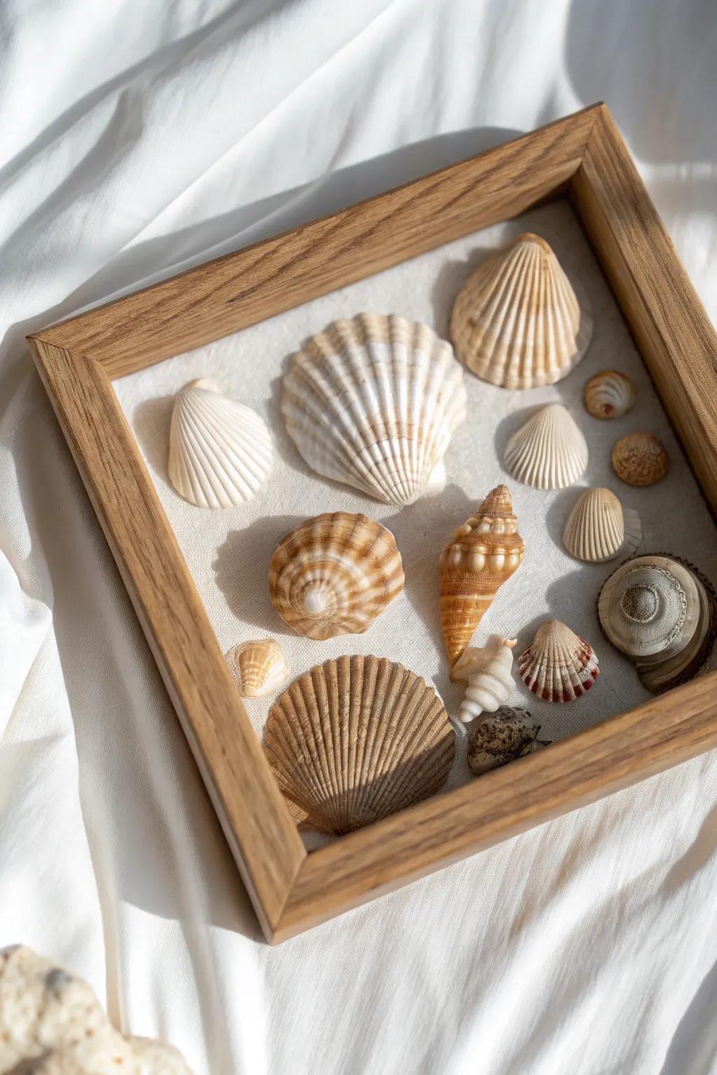 Bring the beach home: A minimalist seashell shadow box that captures the essence of summer days.