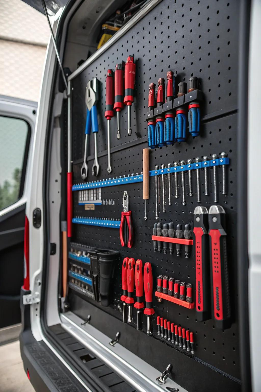 Transform your work van with versatile pegboard panels for ultimate tool organization and style.