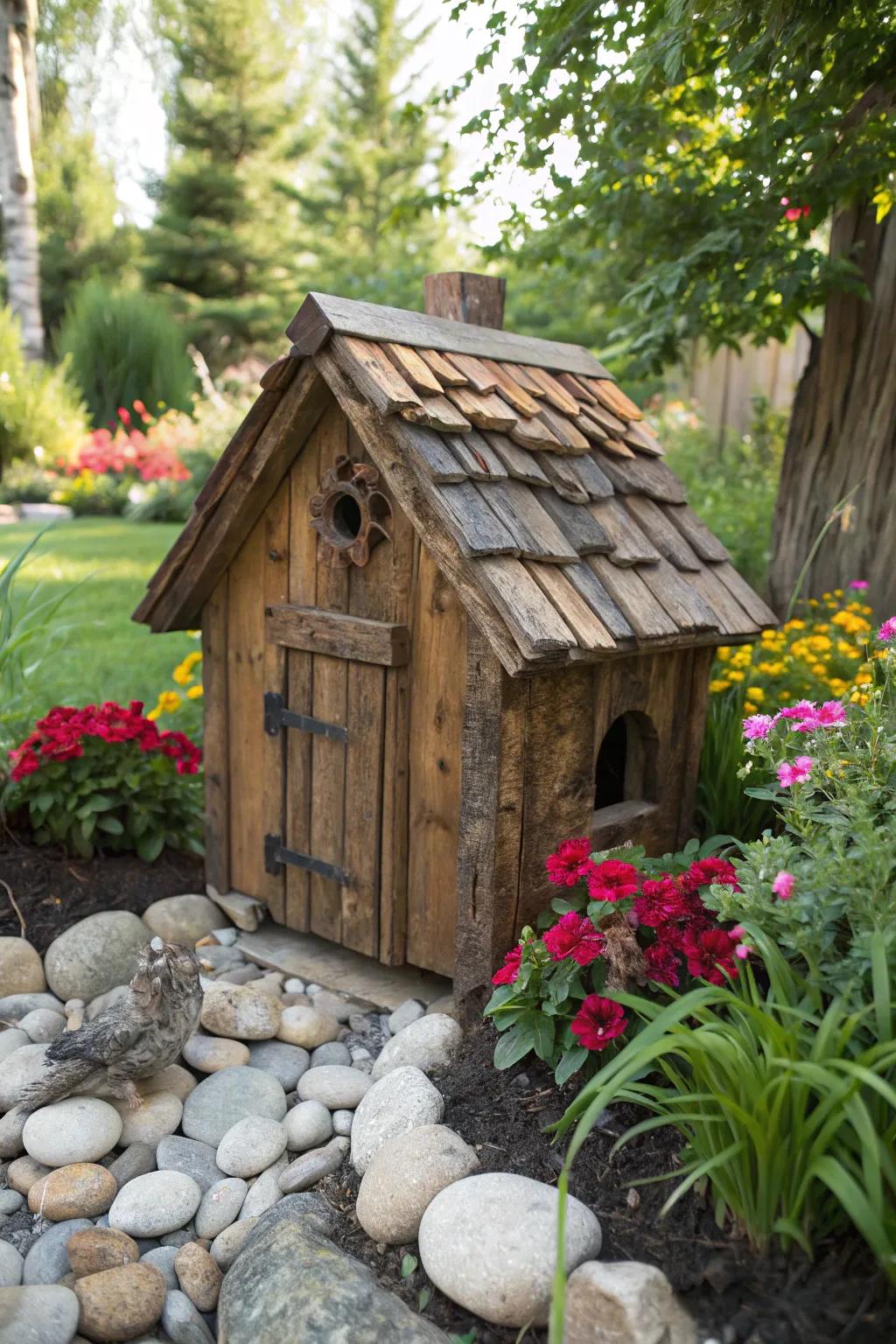Craftsmanship meets nature: A stunning duck house beautifully integrated into the garden landscape.