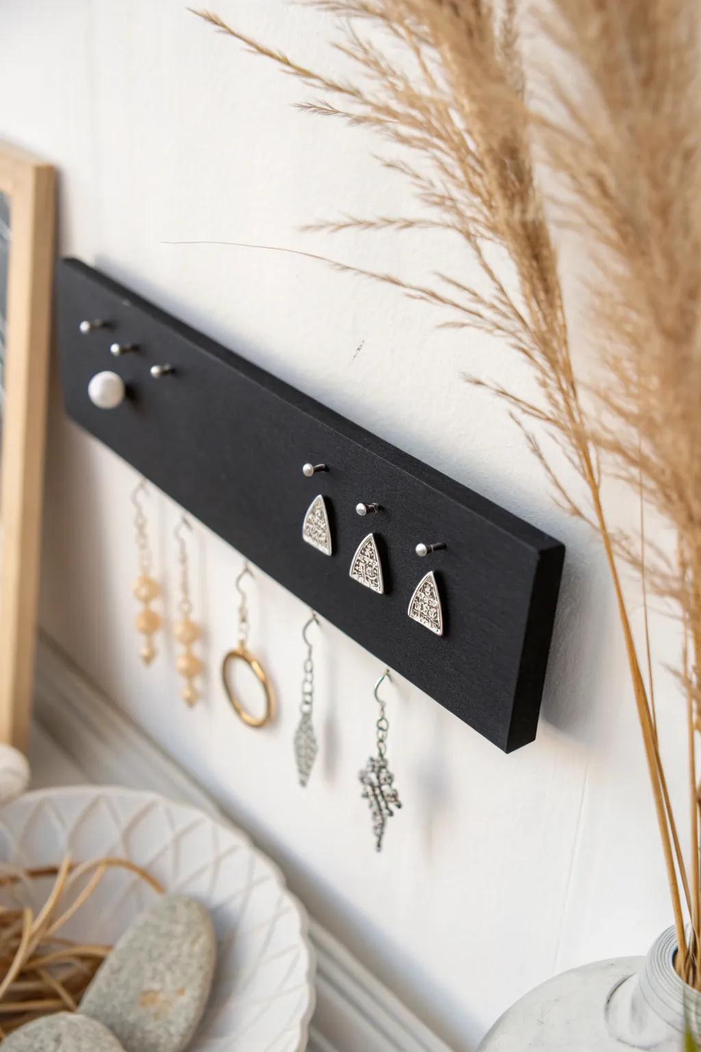 Effortless elegance: Organize your studs with style using a magnetic strip display.
