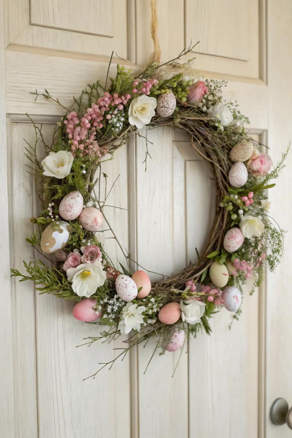 Welcome spring with a handmade floral egg wreath, where simplicity meets natural beauty.
