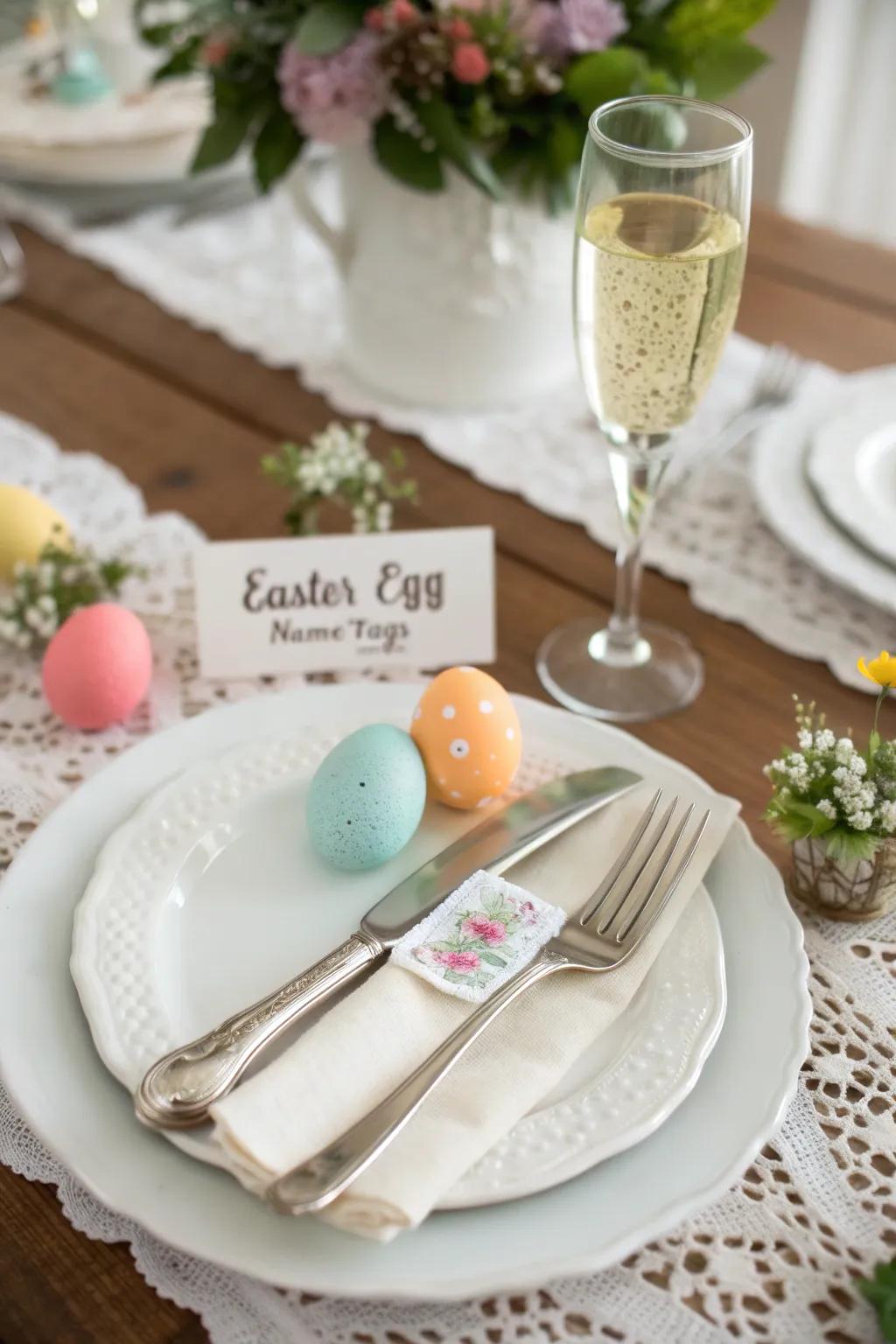 Wedding place settings featuring personalized Easter egg name tags.