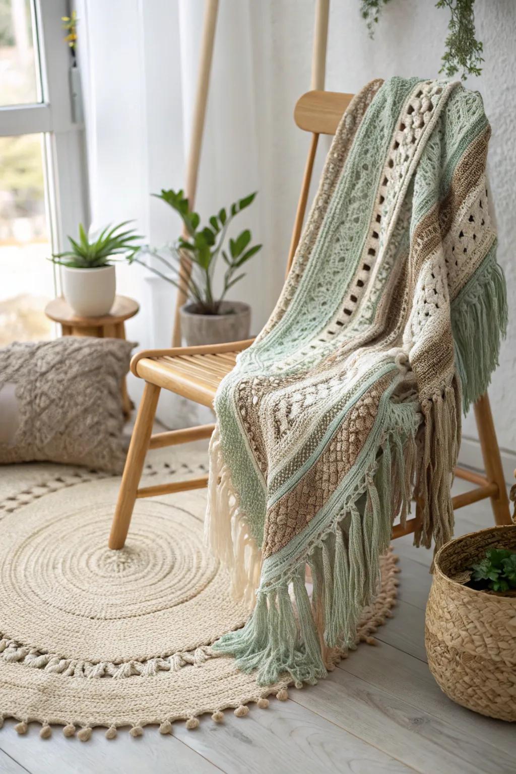 Add a playful boho touch to your space with this chic fringe crochet blanket.